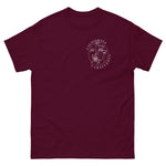 Maroon t-shirt with a logo on the chest against a white background