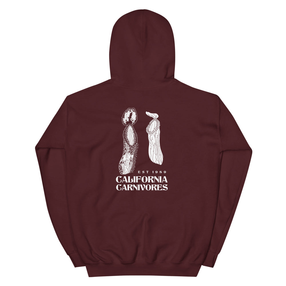 Maroon hoodie with white graphic and text on a white background