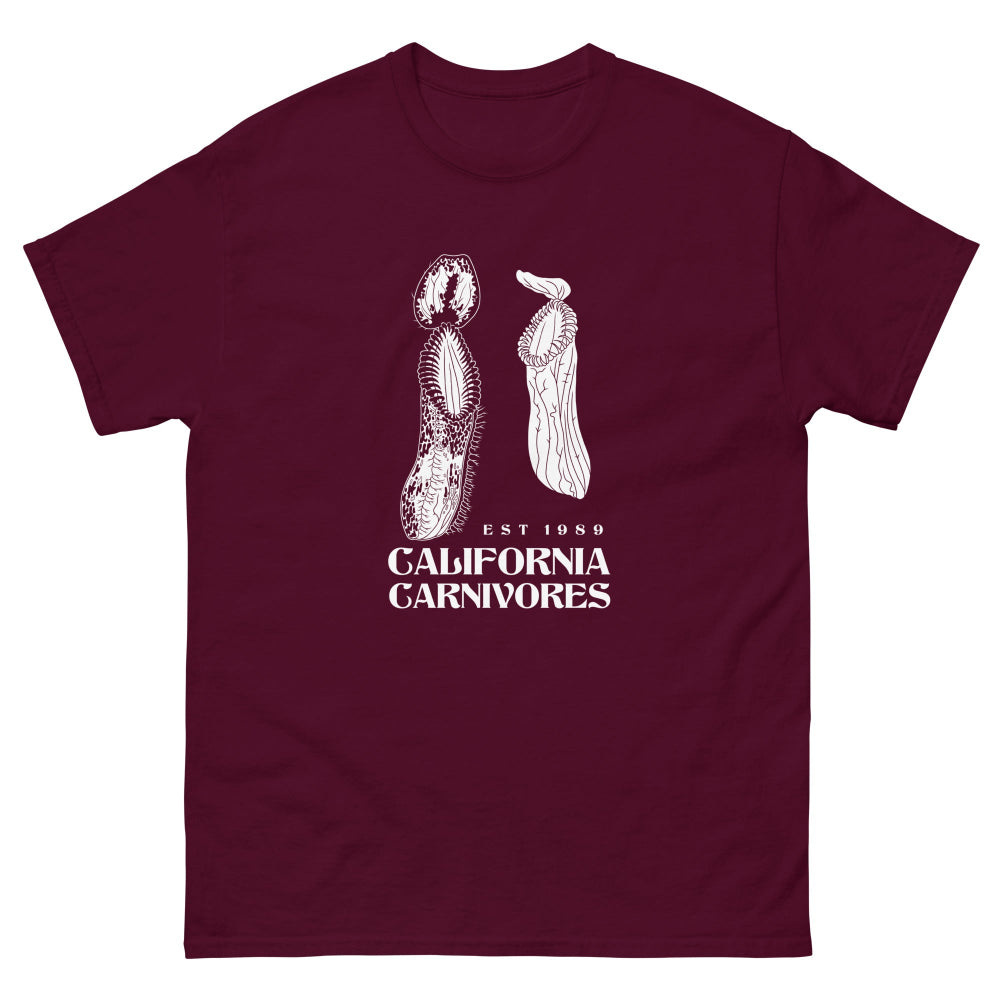 Maroon t-shirt with white graphic design and text on a white background