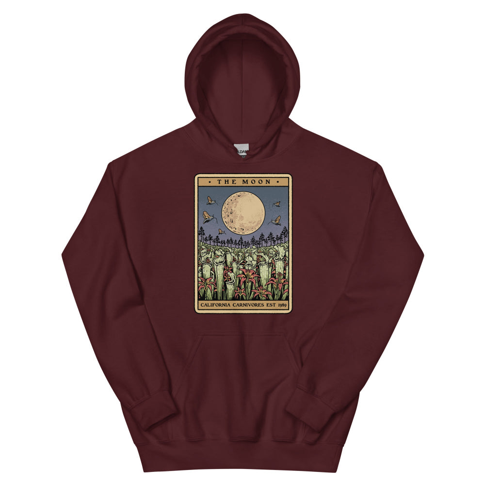 Maroon hoodie with a white logo and text on a white background
