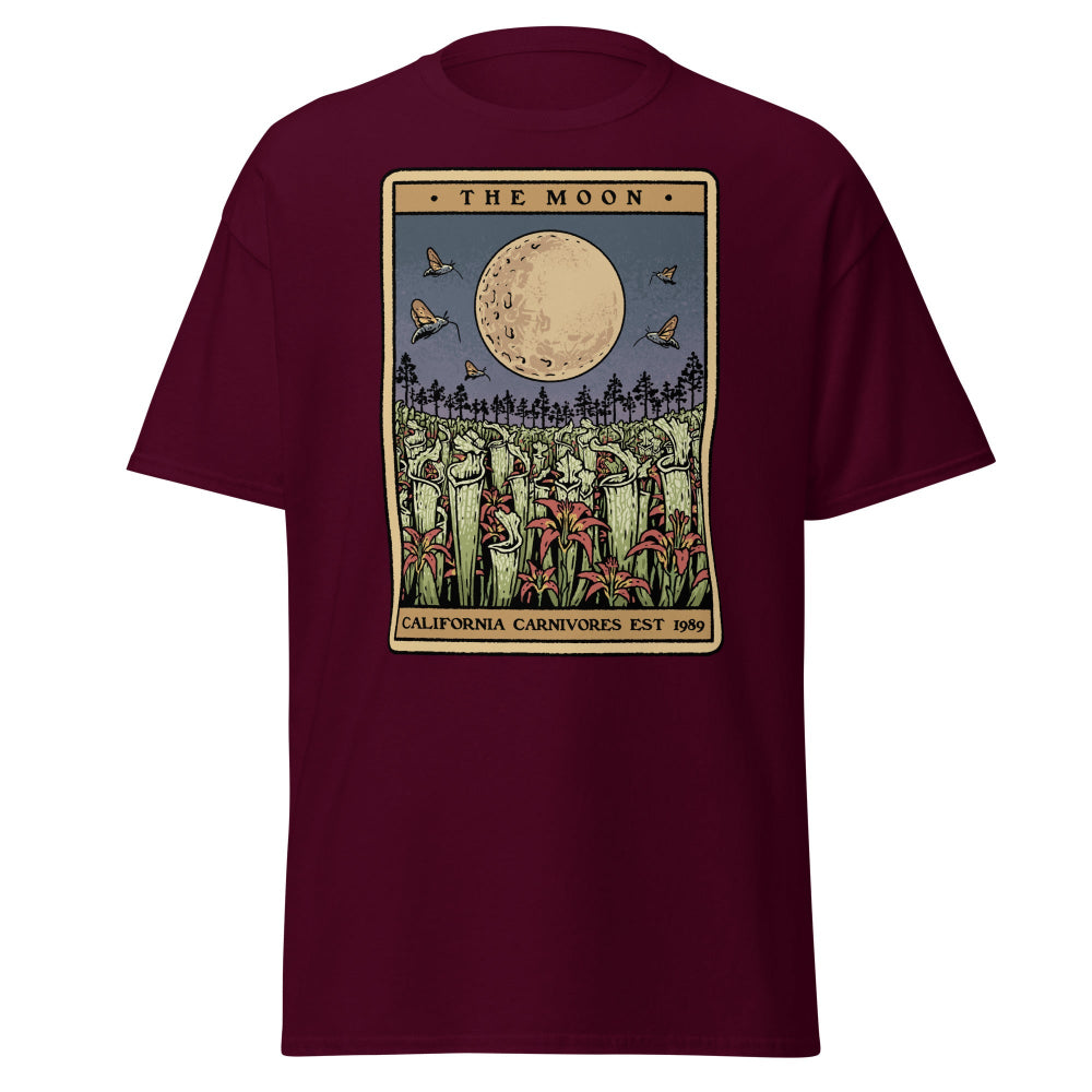 Maroon t-shirt with 'The Moon' tarot card design on a white background