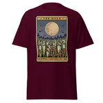 Maroon t-shirt with 'The Moon' tarot card design on a white background