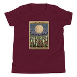 Maroon t-shirt with 'The Moon' tarot card design on a white background