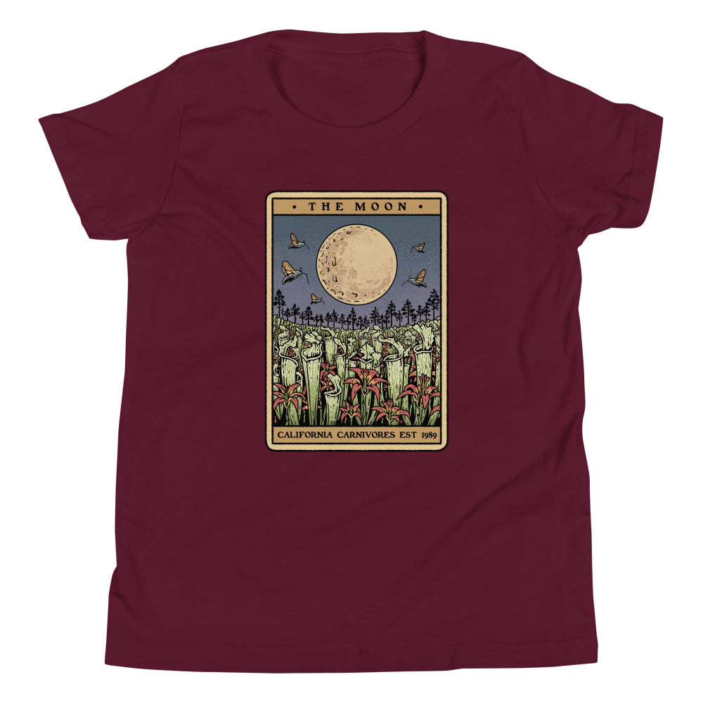 Maroon t-shirt with 'The Moon' tarot card design on a white background