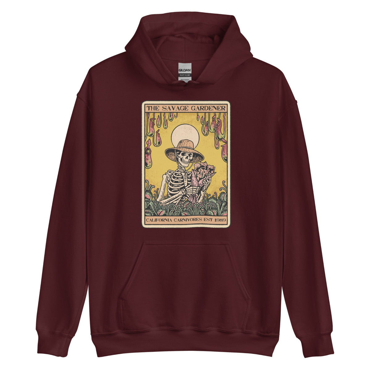 Maroon hoodie with a skeleton and garden graphic on a white background