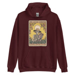 Maroon hoodie with a skeleton and garden graphic on a white background