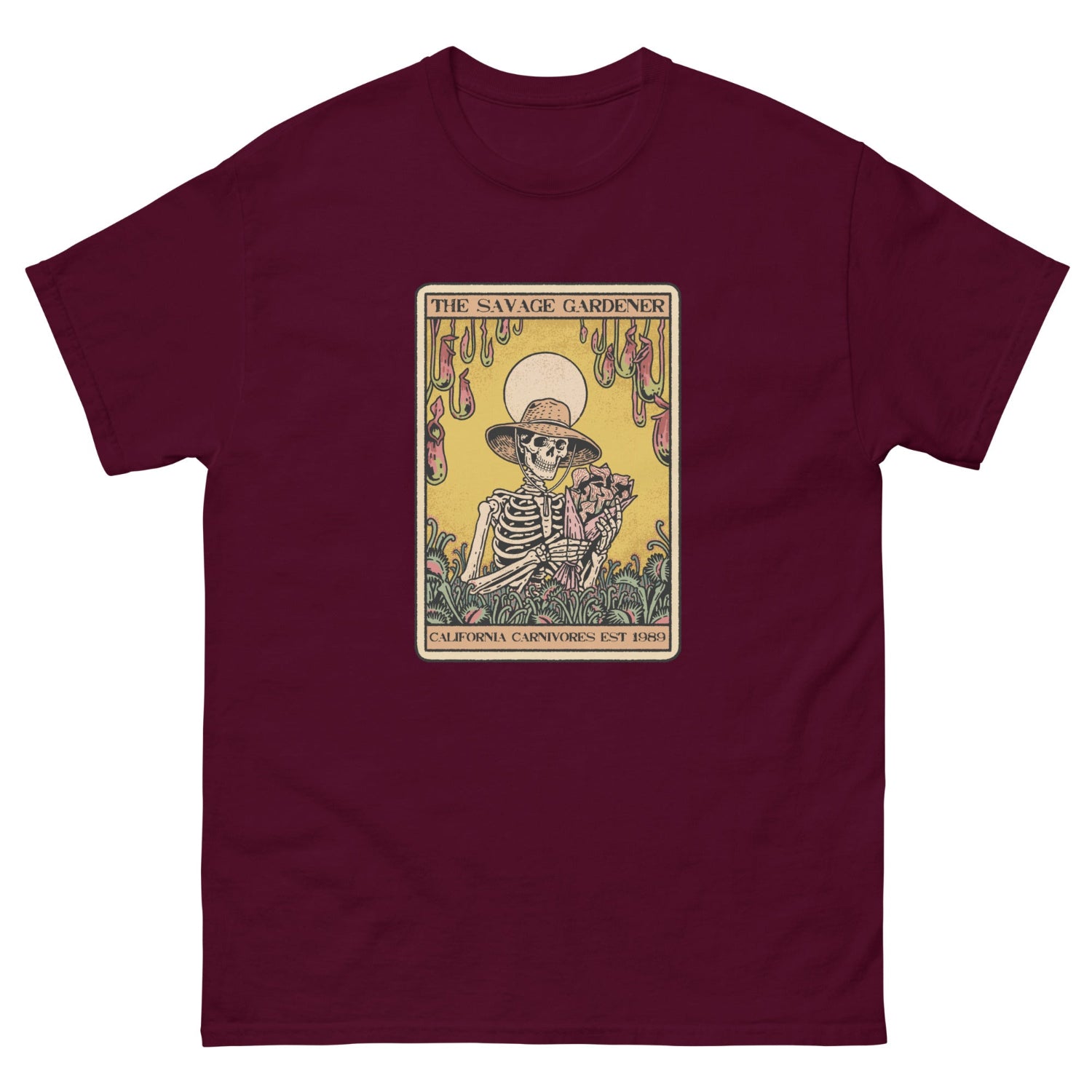 Maroon t-shirt with a graphic of a skeleton gardener and text on a white background