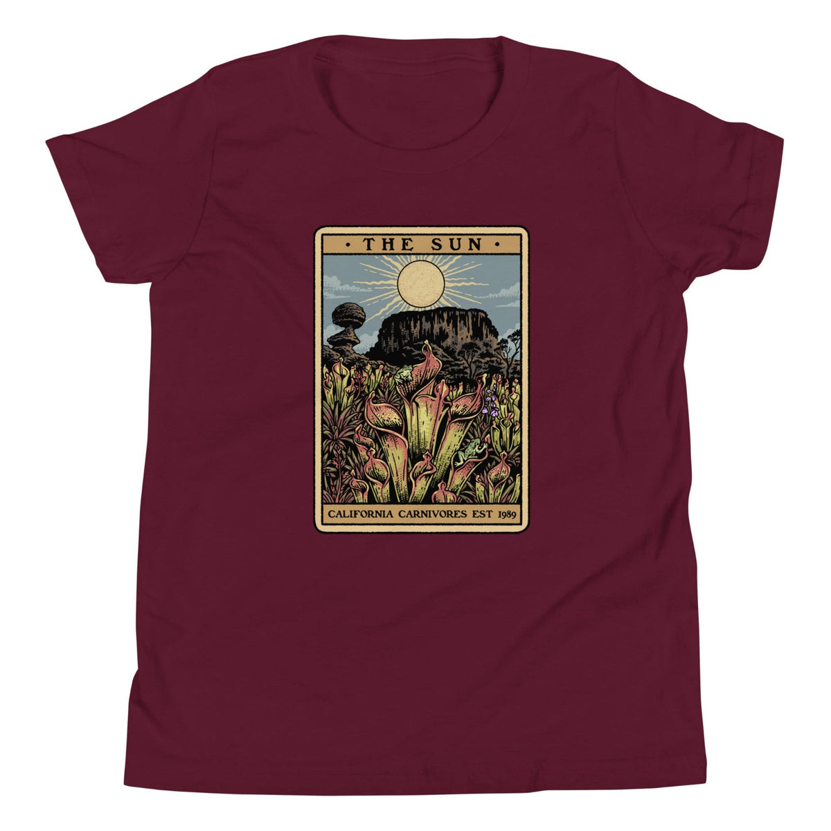 The Shining Sun maroon unisex shirt has a heliamphora in the sun styled after a tarot card.