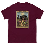 Maroon t-shirt with a graphic design of Heliamphora as the Sun tarot card