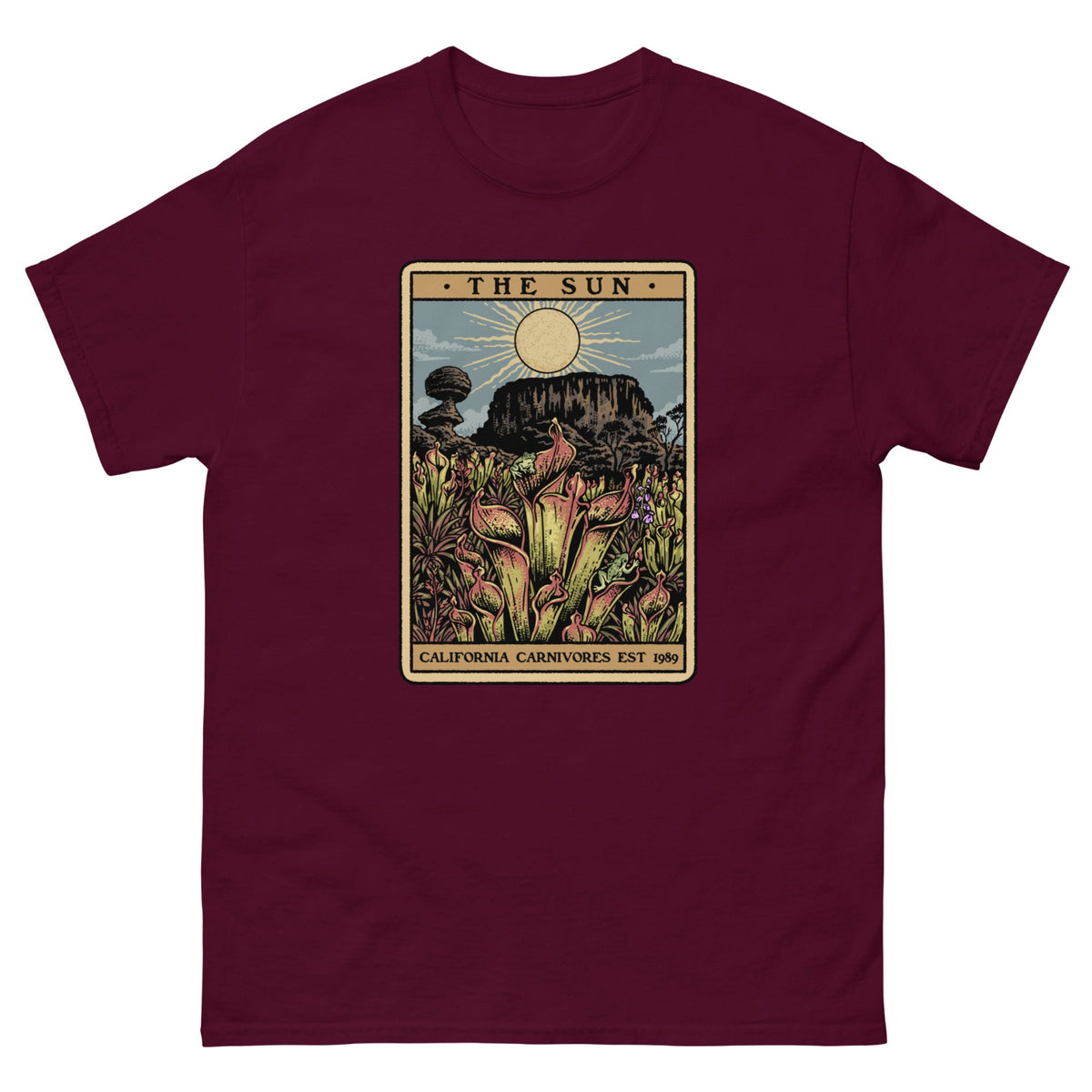 Maroon t-shirt with a graphic design of Heliamphora as the Sun tarot card