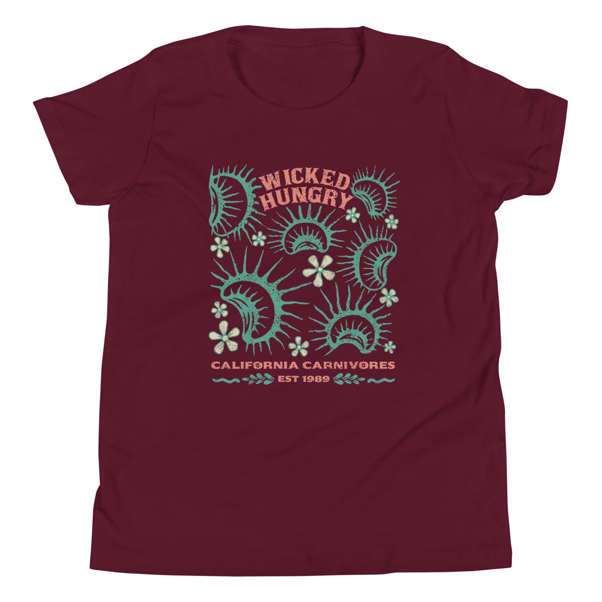 Maroon Tshirt with Wicked Hungry written across the top middle and venus flytraps surrounding it