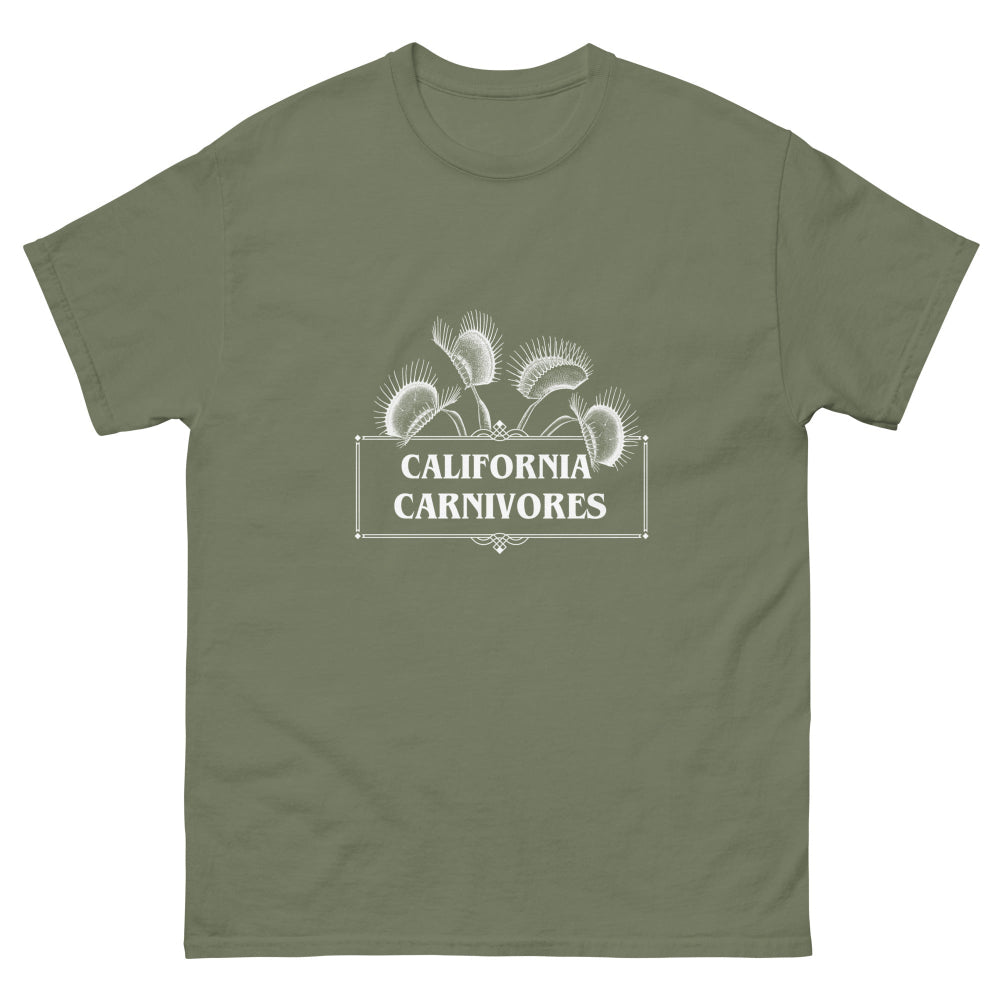 Green t-shirt with 'California Carnivores' logo on a white background