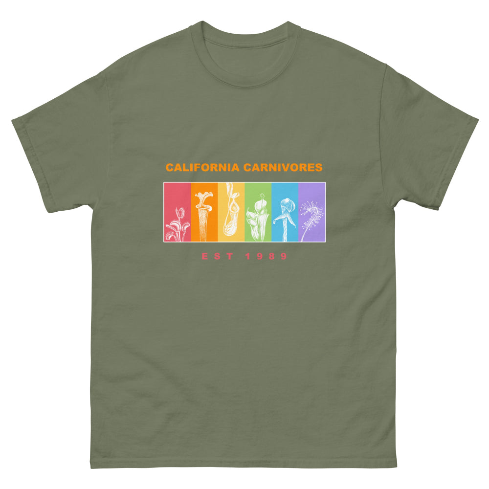 Green t-shirt with colorful graphic and 'California Carnivores' text on a white background