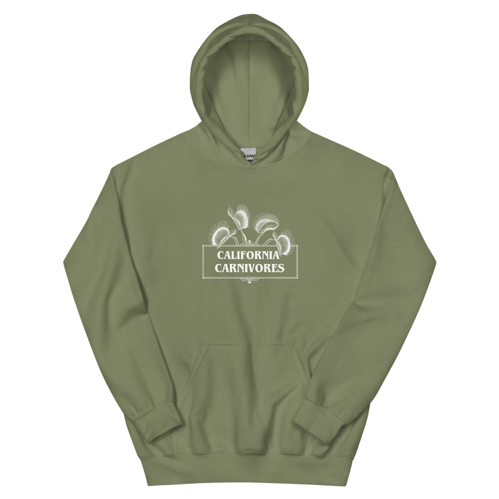 Military Green hoodie with text and California Carnivores logo on a white background