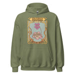 Green hoodie with a decorative graphic and text on a white background
