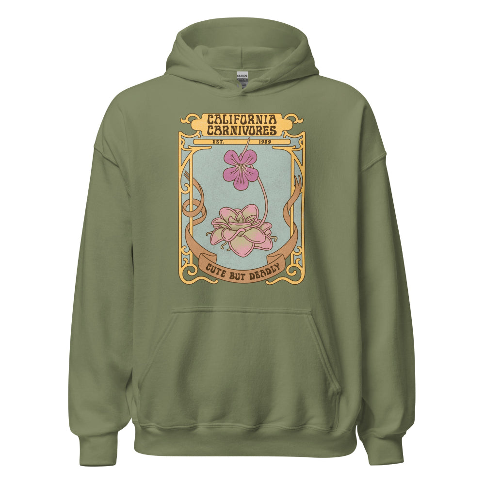 Green hoodie with a decorative graphic and text on a white background
