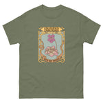 Green t-shirt with a graphic design of flowers and text on a white background