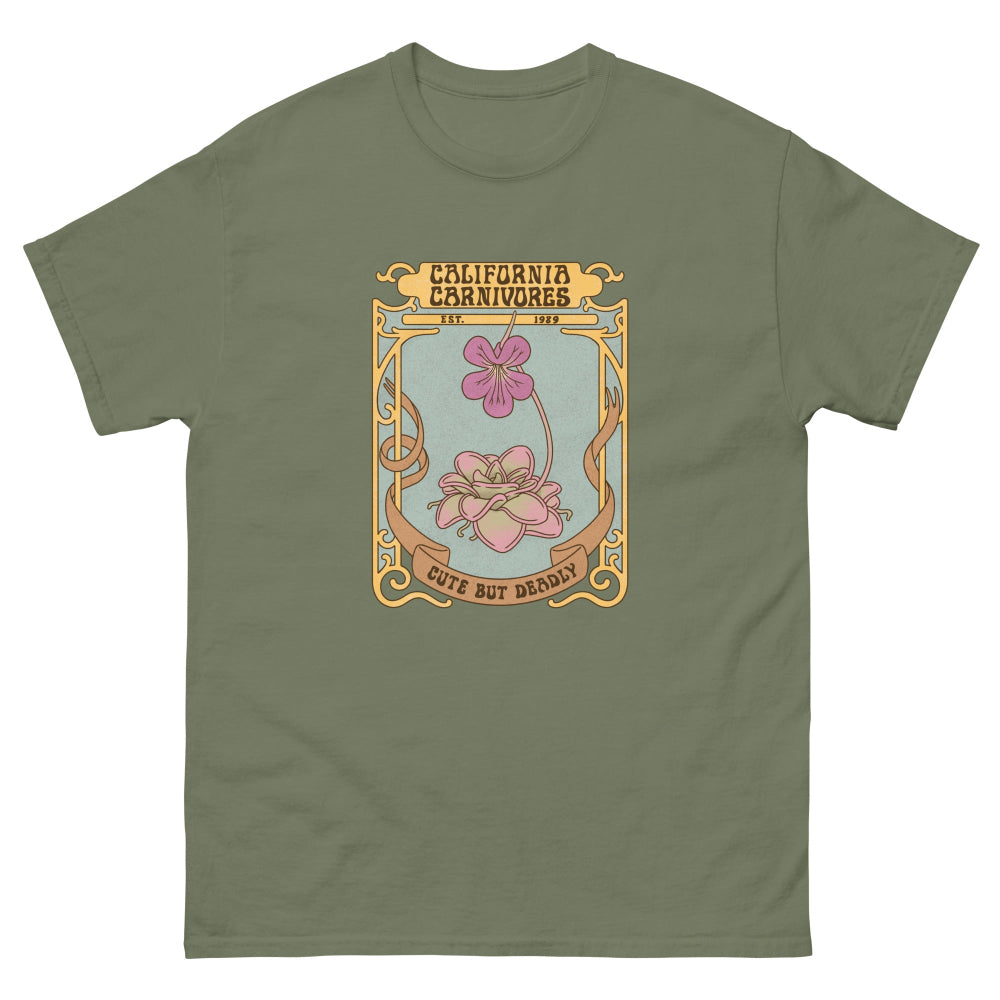 Green t-shirt with a graphic design of flowers and text on a white background