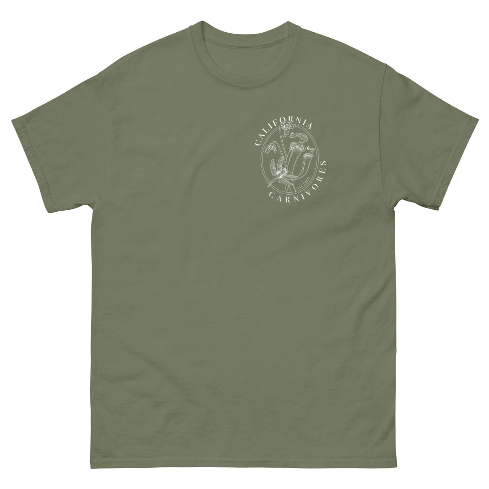 Green t-shirt with California Carnivores graphic on a white background