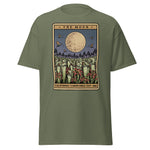 Green t-shirt with a graphic design of 'The Moon' from California Carnivores on a white background
