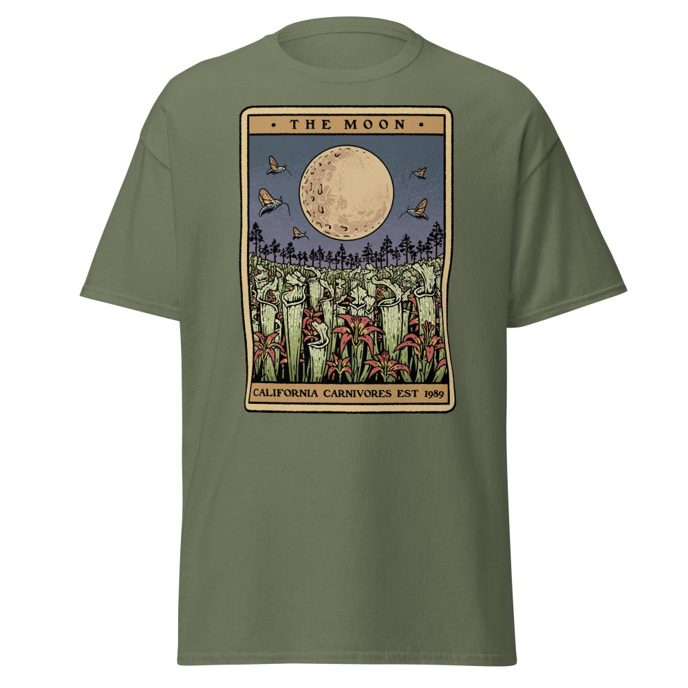 Green t-shirt with a graphic design of 'The Moon' from California Carnivores on a white background