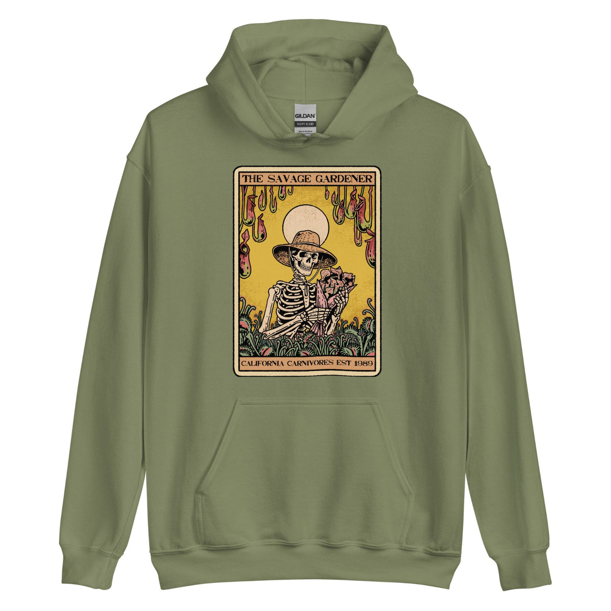 Green hoodie with a skeleton and plant design on a white background