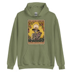 Green hoodie with a skeleton and plant design on a white background