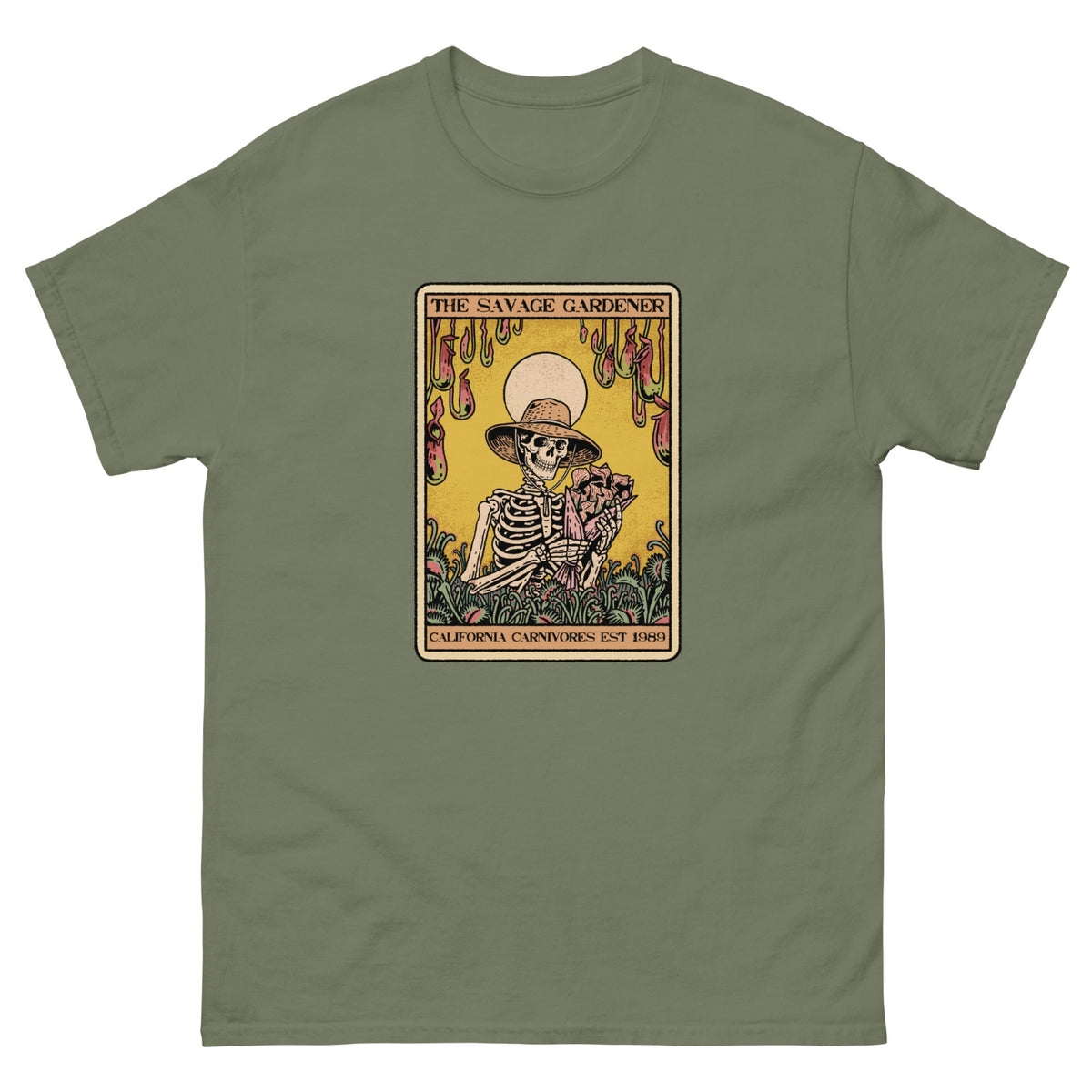 Green t-shirt with a graphic of a skeleton gardener and chili peppers on a yellow background.
