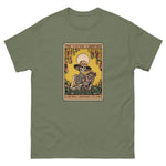 Green t-shirt with a graphic of a skeleton gardener and chili peppers on a yellow background.