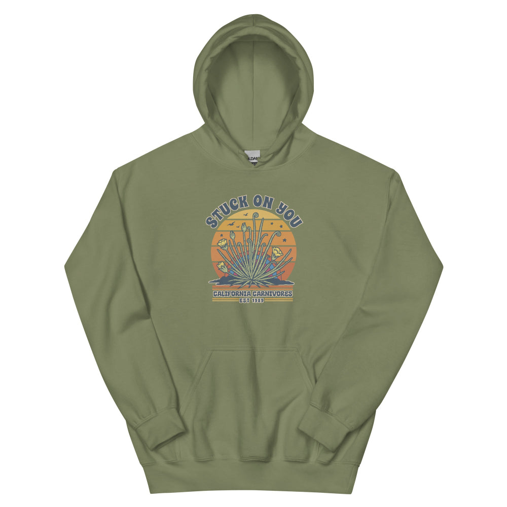 Green hoodie with a graphic design on a white background