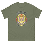 Green t-shirt with a colorful skull design and 'California Carnivores' text on a white background