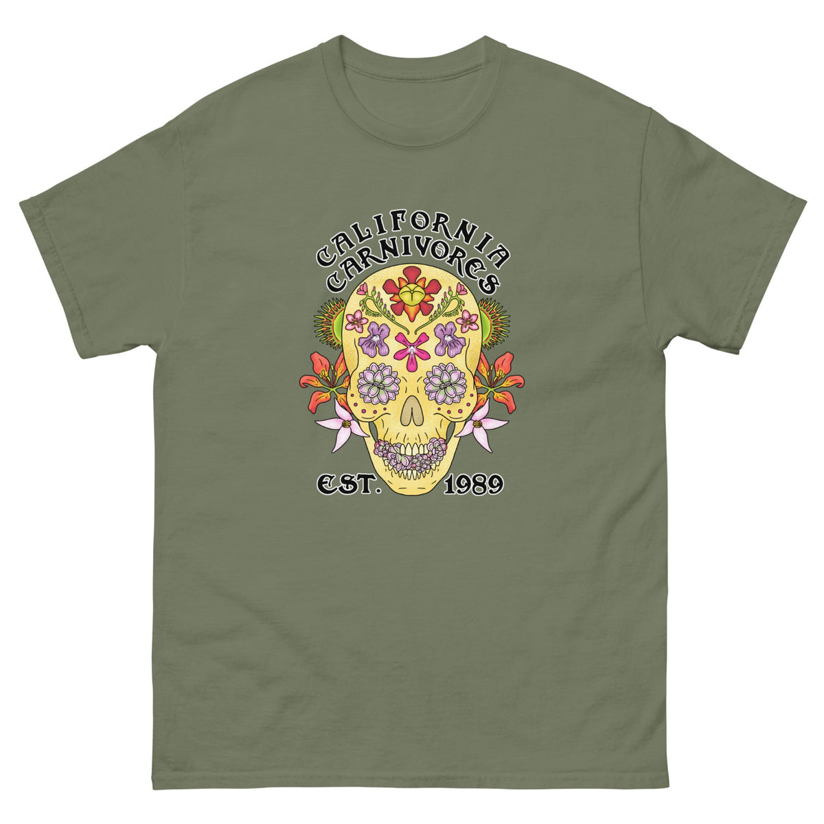 Green t-shirt with a colorful skull design and 'California Carnivores' text on a white background