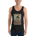 Person wearing a black tank top with a graphic design on a white background