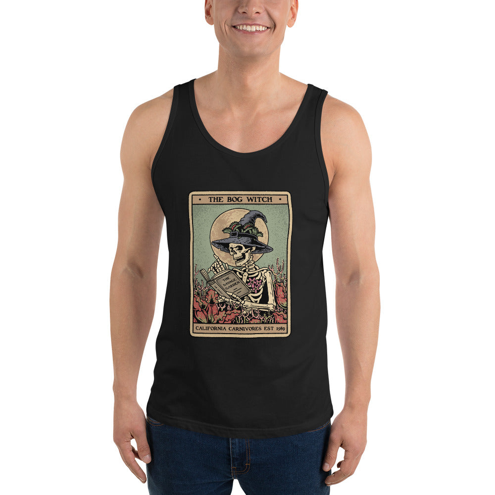 Person wearing a black tank top with a graphic design on a white background