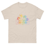 Beige t-shirt with 'California Carnivores' logo featuring colorful carnivorous plant illustrations on a white background.