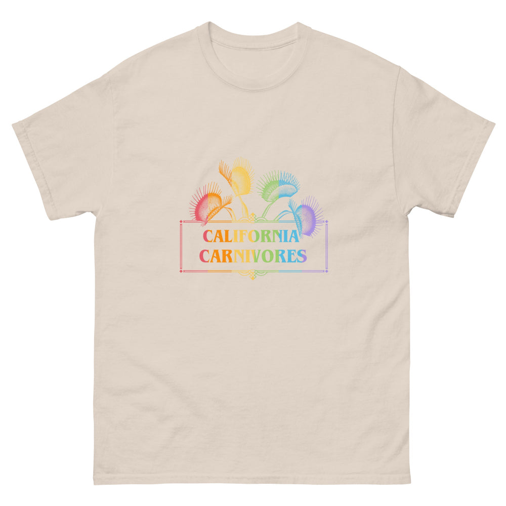 Beige t-shirt with 'California Carnivores' logo featuring colorful carnivorous plant illustrations on a white background.