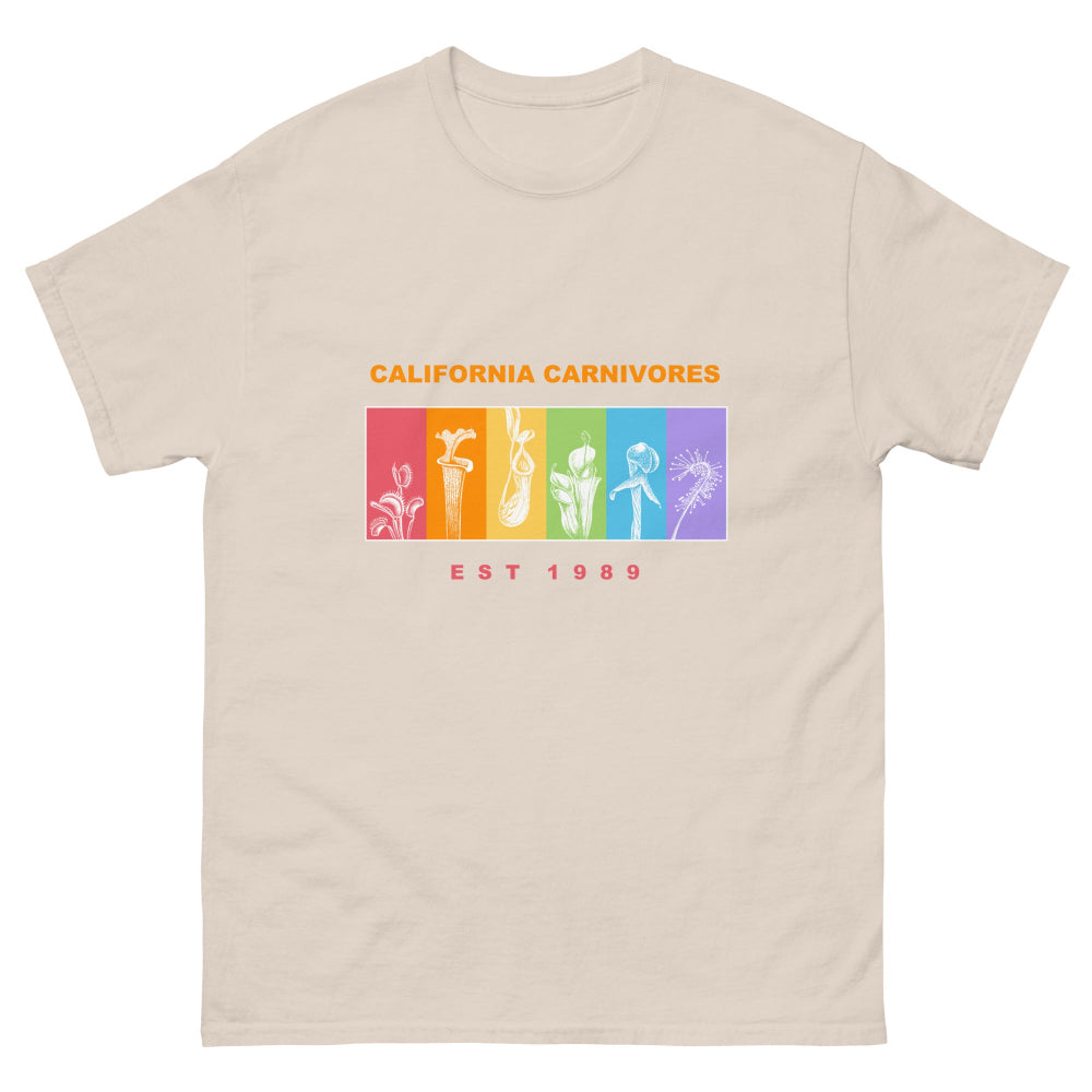Beige t-shirt with colorful graphic and 'California Carnivores' text on a white background