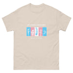 Beige t-shirt with graphic design and text on a white background