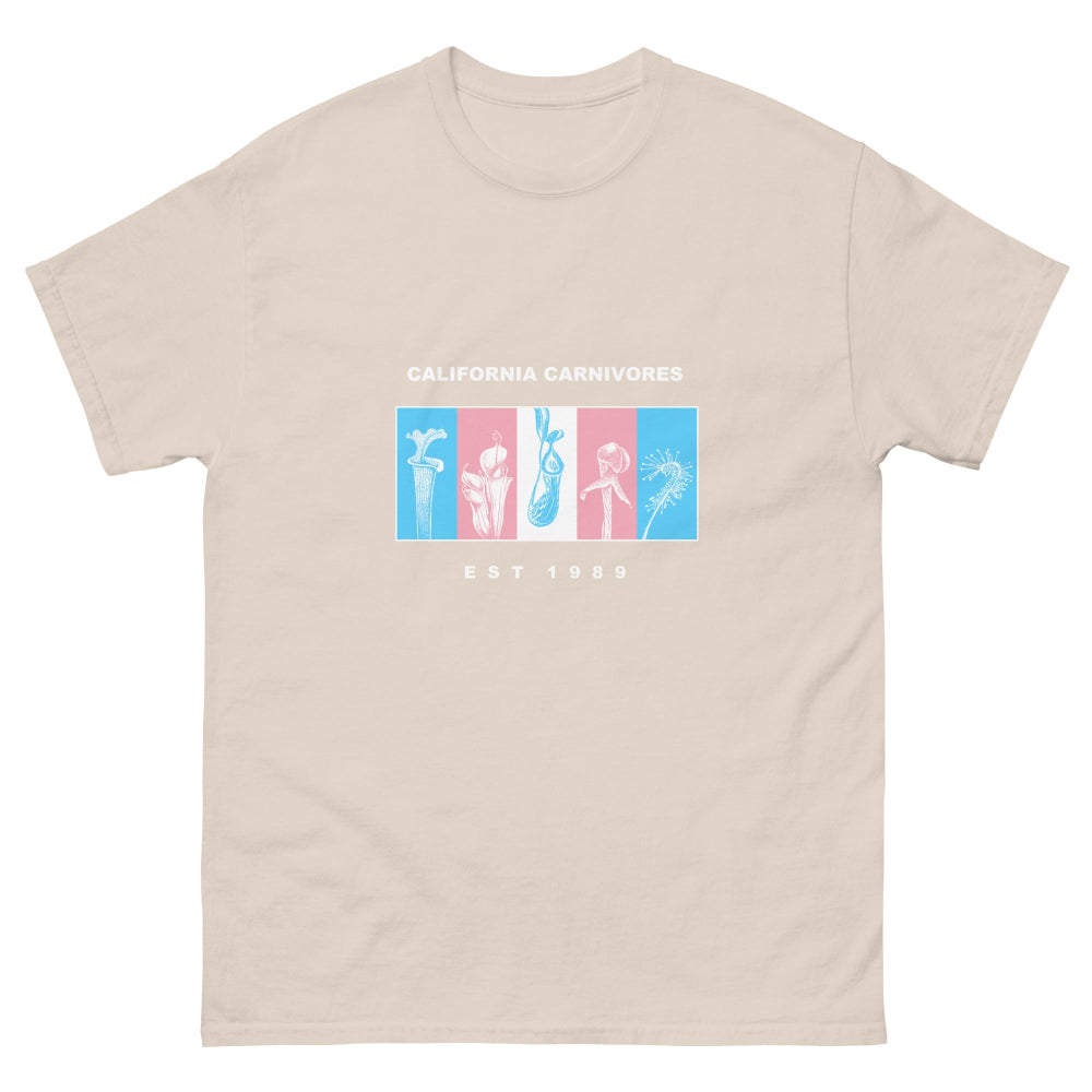 Beige t-shirt with graphic design and text on a white background