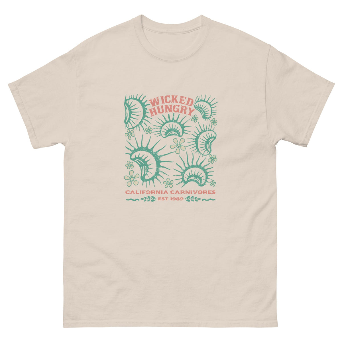 Natural California Carnivores unisex shirt with Wicked Hungry in coral, in the upper middle, surrounded by wood block print style flytraps in teal. 