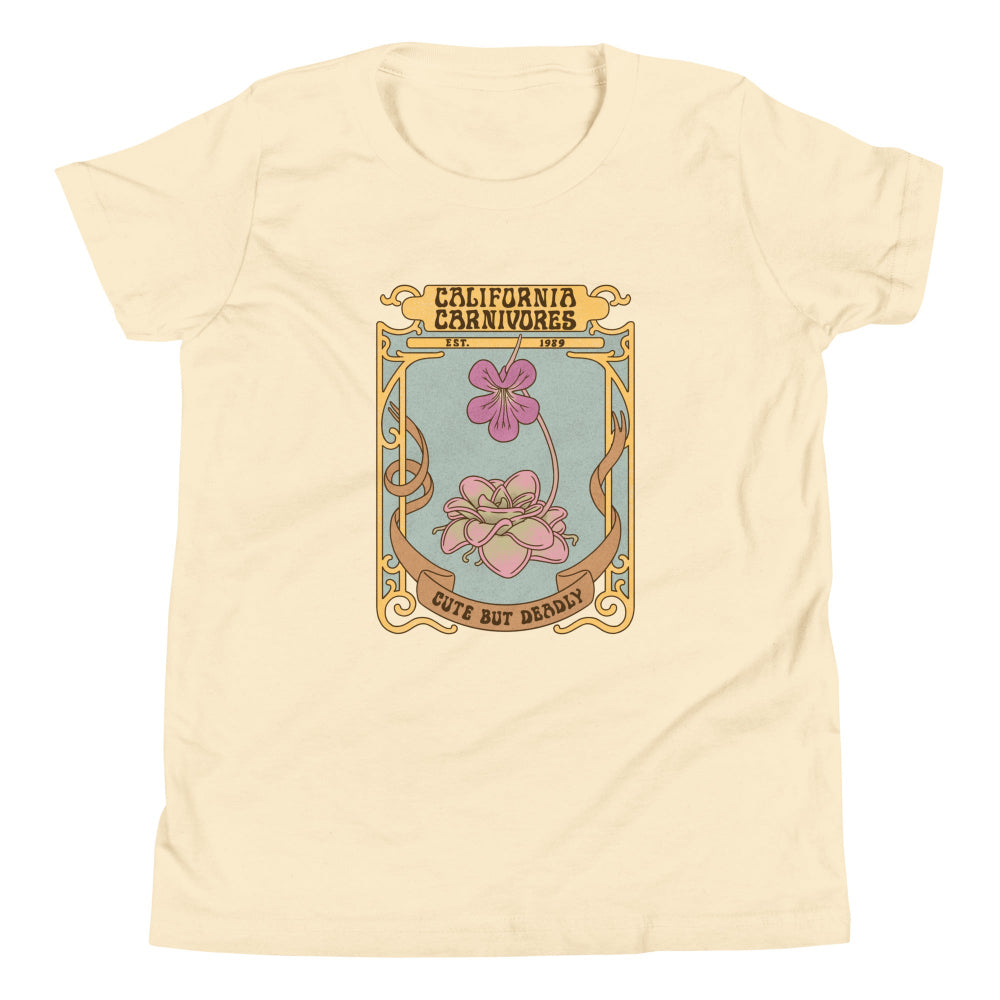 Beige t-shirt with a graphic design of flowers and text on a white background