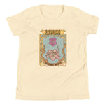 Beige t-shirt with a graphic design of flowers and text on a white background