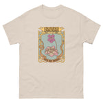 Beige t-shirt with a graphic design of flowers and text on a white background