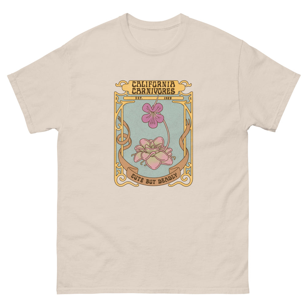 Beige t-shirt with a graphic design of flowers and text on a white background