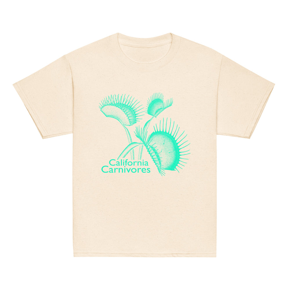 Beige t-shirt with teal 'California Carnivores' graphic on a white background