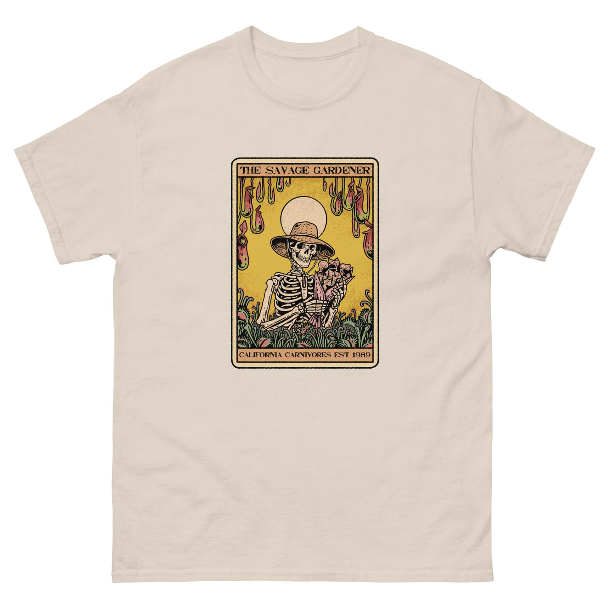 Beige t-shirt with a graphic of a skeleton gardener and text 'The Savage Gardener' on a white background.