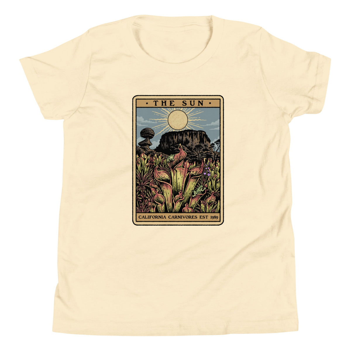 The Shining Sun natural youth unisex shirt has a heliamphora in the sun styled after a tarot card.