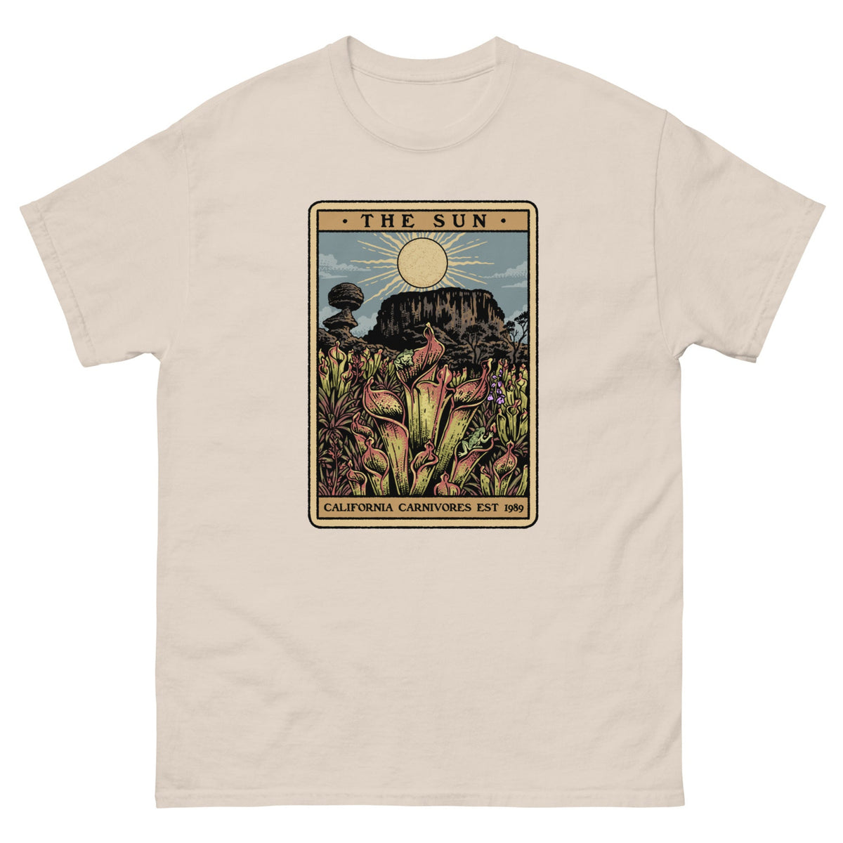 Natural t-shirt with a graphic design of Heliamphora as the Sun tarot card