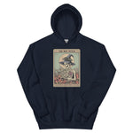 Navy blue hoodie with a graphic design on a white background