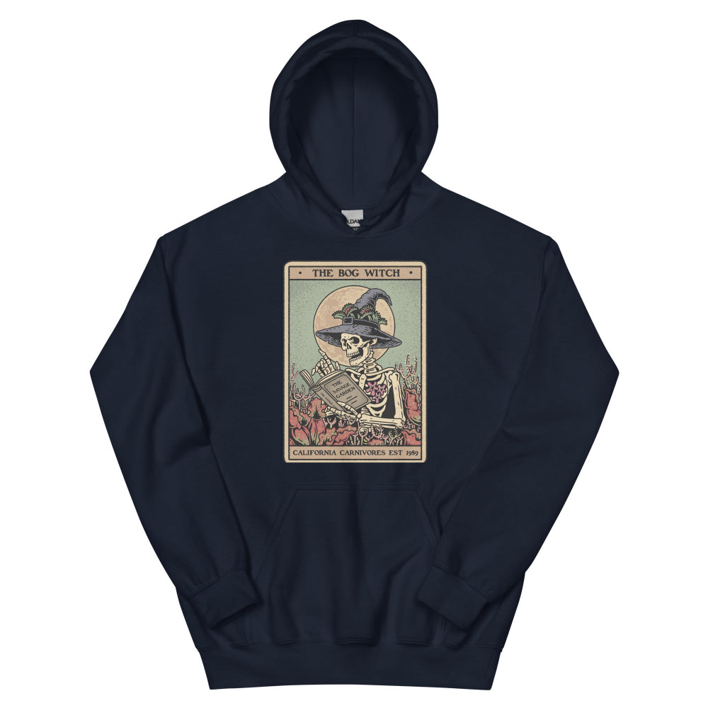 Navy blue hoodie with a graphic design on a white background